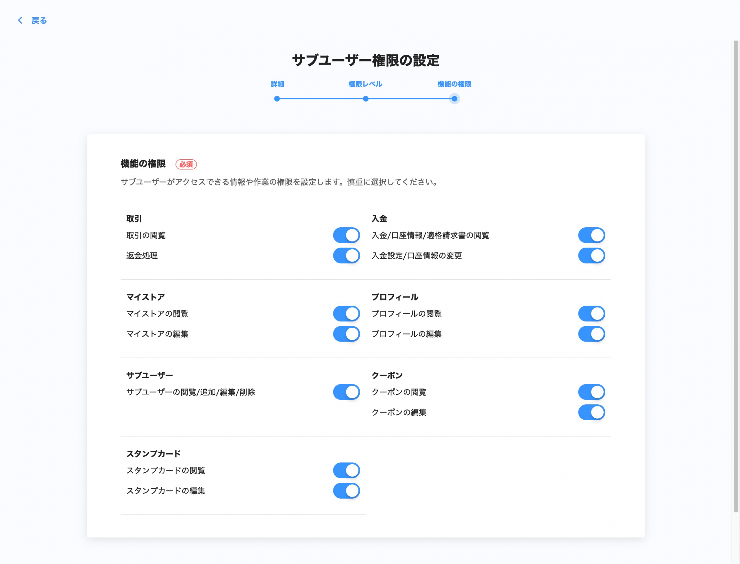 ブランドレベルの機能ごとの権限設定画面のスクリーンショット