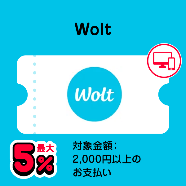 Wolt 最大5％ 対象金額：2,000円以上のお支払い
