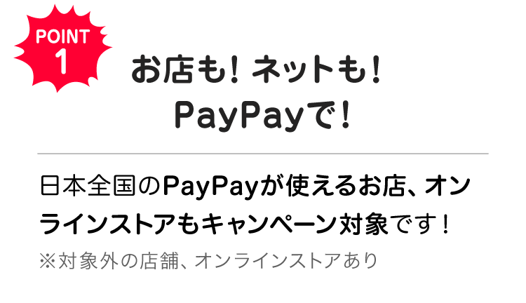 POINT1 お店も！ネットも！PayPayで！|日本全国のPayPayが使えるお店、オンラインストアもキャンペーン対象です。 ※対象外の店舗、オンラインストアあり
