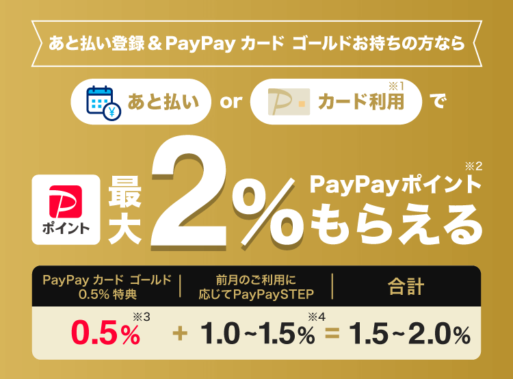 あと払い登録＆PayPayカード ゴールドお持ちの方なら あと払いorカード利用（※1）で最大2％PayPayポイント（※2）もらえる|PayPayカード ゴールド0.5％特典 0.5％（※3）＋前月のご利用に応じてPayPaySTEP 1.0〜1.5％（※4）＝合計 1.5〜2.0％