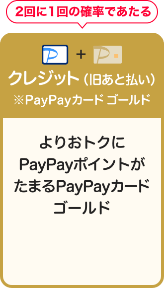 2回に1回の確率であたる クレジット（旧あと払い）※ PayPayカードゴールド：よりおトクにPayPayポイントがたまるPayPayカード ゴールド