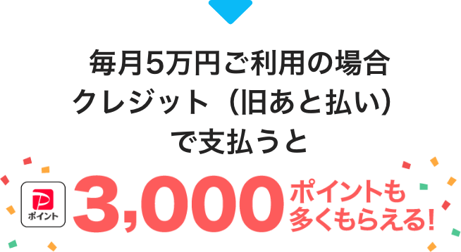 毎月5万円ご利用の場合クレジット（旧あと払い）で支払うと3000ポイントも多くもらえる！