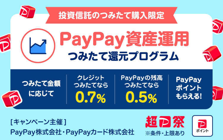 投資信託のつみたて購入限定PayPay資産運用つみたて還元プログラムつみたて金額に応じてクレジットつみたてなら0.7％、PayPayつみたてなら0.5％もらえる！［キャンペーン主催］PayPay株式会社・PayPayカード株式会社※その他条件・上限あり