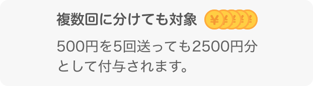 複数回に分けても対象500円を5回送っても2500円分として付与されます。