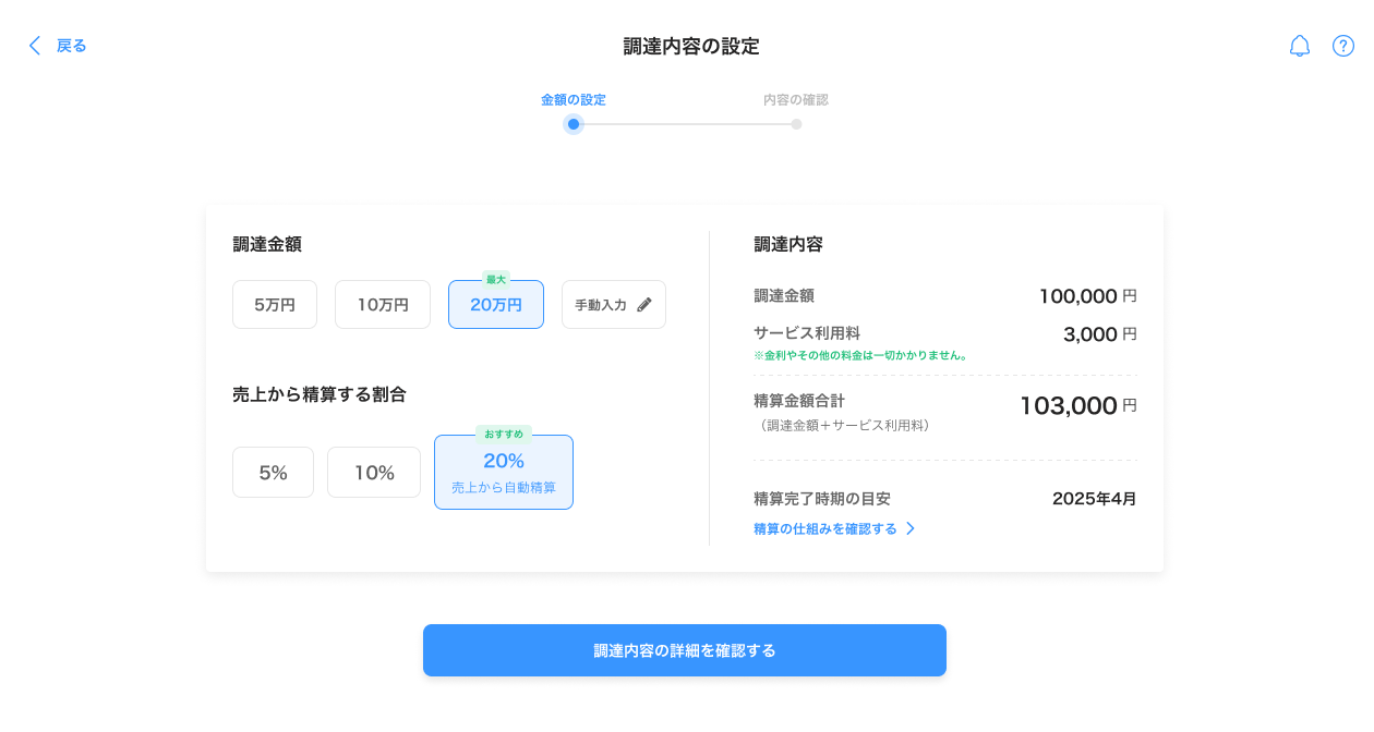 調達金額の設定画面のスクリーンショット