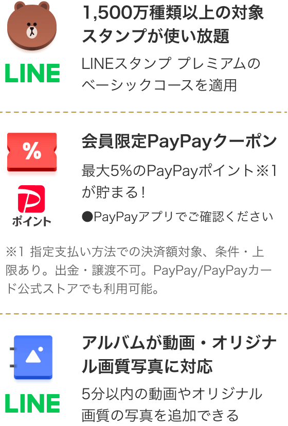 1,500万種類以上の対象スタンプが使い放題 LINEスタンプ プレミアムのベーシックコースを適用|会員限定PayPayクーポン 最大5％のPayPayポイント※1が貯まる！PayPayアプリでご確認ください ※1 指定支払い方法での決済額対象、条件・上限あり。出金・譲渡不可。PayPay/PayPayカード公式ストアでも利用可能。|アルバムが動画・オリジナル画質写真に対応 5分以内の動画やオリジナル画質の写真を追加できる