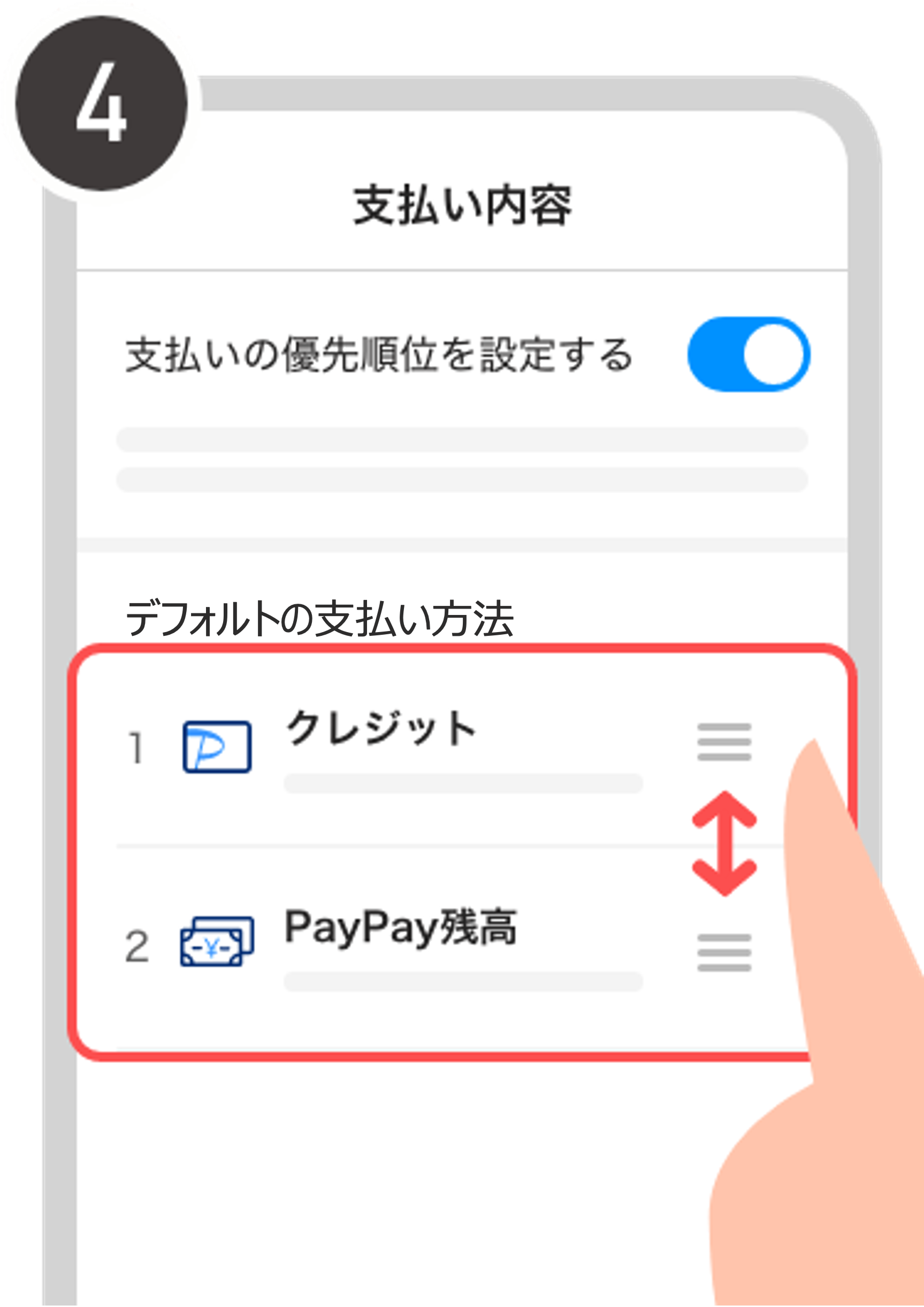 各お支払い方法を長押ししながら動かして（ドラッグして）優先順位を変更する