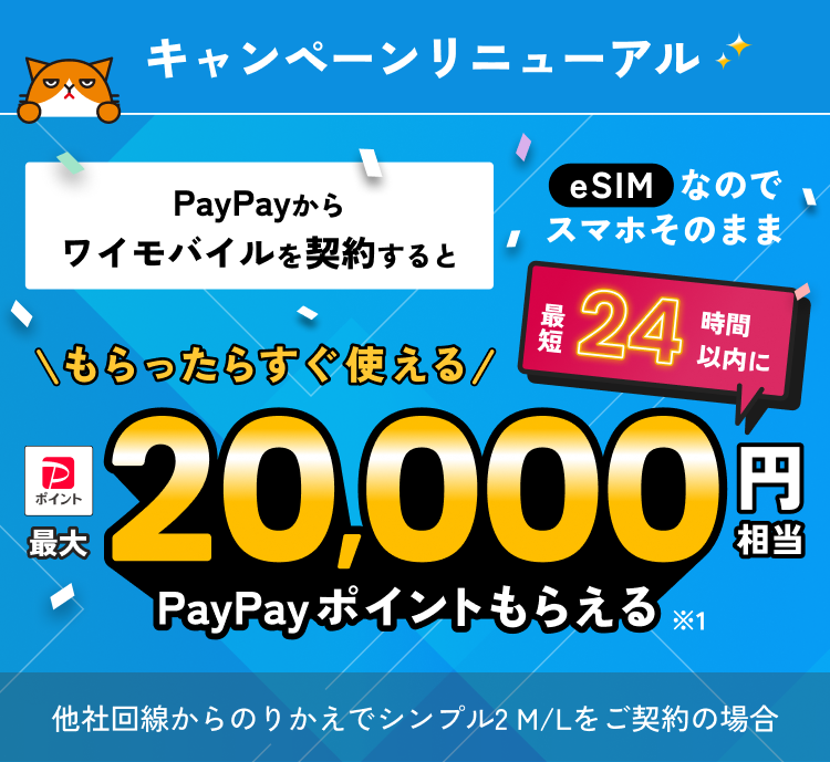 キャンペーンリニューアル PayPayからワイモバイルを契約するとeSIMなのでスマホそのまま最短24時間以内にもらったらすぐ使える 最大20,000円相当PayPayポイントもらえる※1 他社回線からののりかえでシンプル2 M/Lをご契約の場合