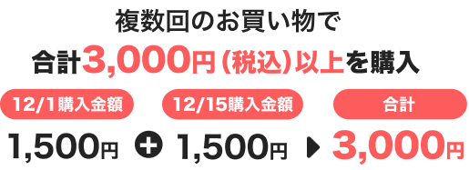 複数回のお買い物で合計3,000円（税込）以上を購入 12/1購入金額1,500円＋12/15購入金額1,500円 合計3,000円