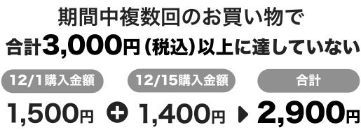 期間中複数回のお買い物で合計3,000円（税込）以上に達していない 12/1購入金額1,500円＋12/15購入金額1,400円 合計2,900円