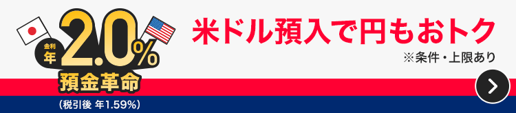 金利年2.0％預金革命（税引後 年1.59％）米ドル預入で円もおトク ※条件・上限あり