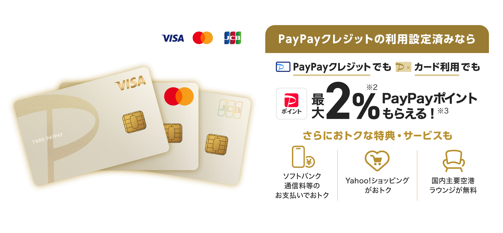 1,2000万会員突破！※1 年会費11,000円（税込） PayPayカード ゴールド PayPayクレジット利用設定済みならPayPayクレジットでもカード利用でも最大2％※2PayPayポイントもらえる！※3 さらにお得な特典・サービスも ソフトバンク通信料等のお支払いでおトク Yahoo!ショッピングがおトク 国内主要空港ラウンジが無料