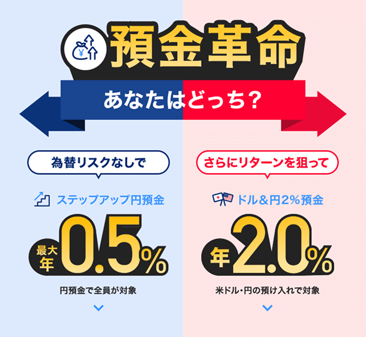 預金革命あなたはどっち？安心安全で高い利息円預金があれば全員が対象最大年利年0.5％※1：リスクを理解して高リターン米ドル・円の預入で対象金利年2.0％※1