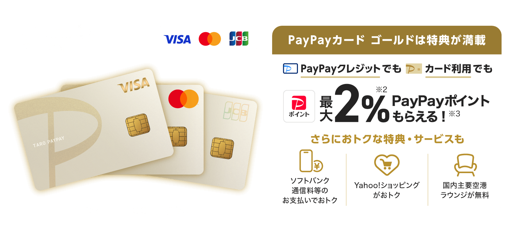 1,700万会員突破！※1 年会費11,000円（税込） PayPayカード ゴールドは特典が満載、PayPayクレジットでもカード利用でも最大2％※2PayPayポイントもらえる！※3。さらにお得な特典・サービスも ソフトバンク通信料等のお支払いでおトク Yahoo!ショッピングがおトク 国内主要空港ラウンジが無料