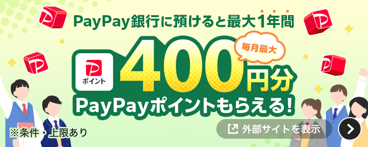 PayPay銀行に預けると毎月1年間400円分PayPayポイントもらえる！ ※条件・上限あり 外部サイトを表示