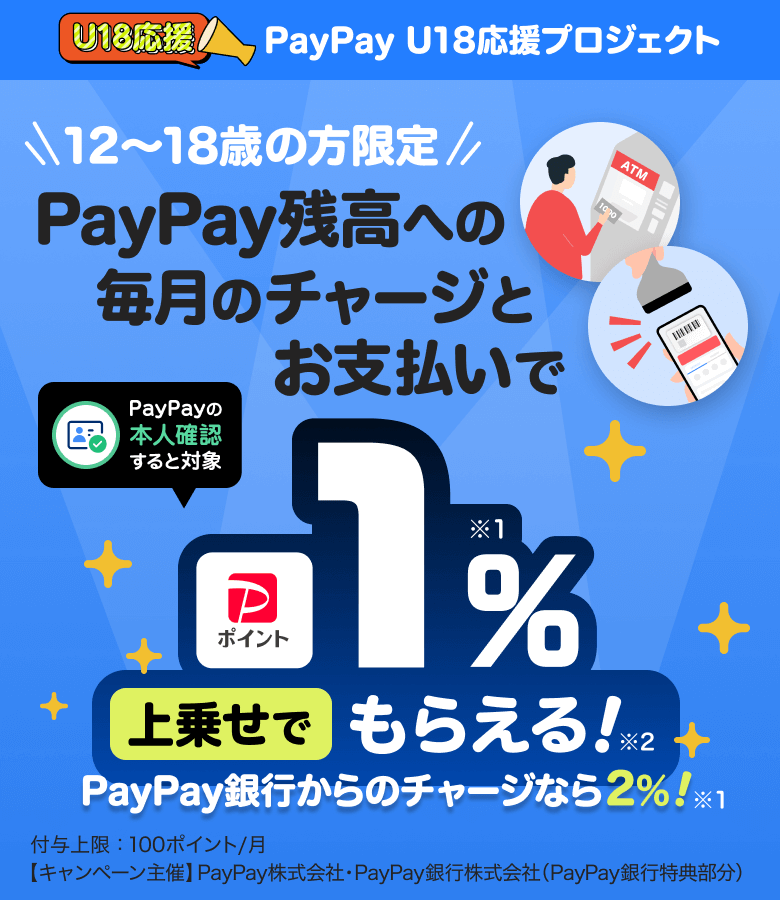 PayPay U18応援プロジェクト 12歳〜18歳の方限定！PayPay残高への毎月のチャージとお支払いで1％※1上乗せでもらえる！※2PayPay銀行からのチャージなら2％付与上限：100ポイント／月【キャンペーン主催】PayPay株式会社・PayPay銀行株式会社（PayPay銀行特典部分）