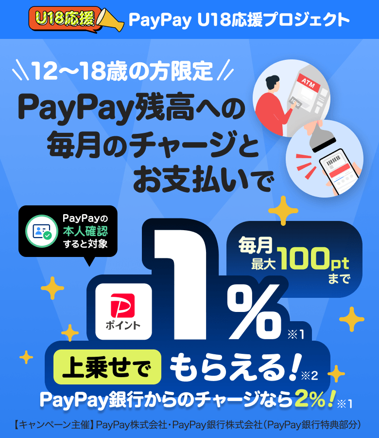 PayPay U18応援プロジェクト 12歳〜18歳の方限定！PayPay残高への毎月のチャージとお支払いで毎月最大100ptまで1％※1上乗せでもらえる！※2PayPay銀行からのチャージなら2％付与上限：100ポイント／月【キャンペーン主催】PayPay株式会社・PayPay銀行株式会社（PayPay銀行特典部分）