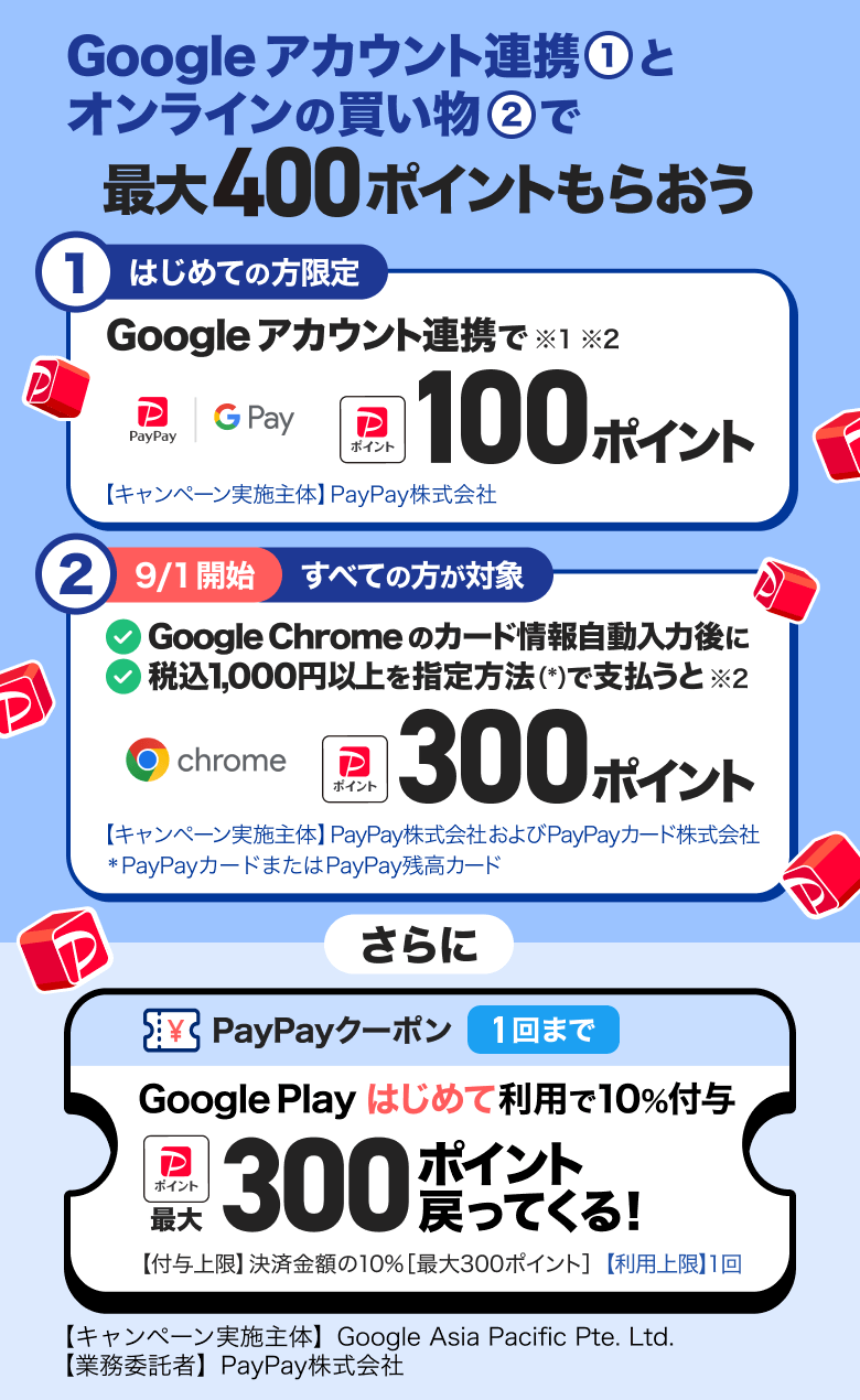 ①Googleアカウント連携と②オンラインの買い物で最大400ポイントもらおう①はじめての方限定Googleアカウント連携で※1※2 100ポイント【キャンペーン実施主体】PayPay株式会社②9／1開始すべての方が対象Google Chromeカード情報自動入力とPayPayカード／PayPay残高カードでの1,000円以上のオンライン支払いで※2 300ポイント 【キャンペーン実施主体】PayPay株式会社およびPayPayカード株式会社 さらに PayPayクーポン1回まで Google Playはじめて利用で10％付与 最大300ポイント戻ってくる！ 【付与上限】決済金額の10％［最大300ポイント］【利用上限】1回 【キャンペーン実施主体】Google Asia Pacific Pte. Ltd.【業務受託者】PayPay株式会社
