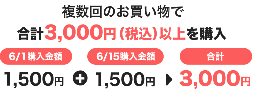 複数回のお買い物で合計3,000円(税込)以上を購入 6/1購入金額1,500円+6/15購入金額1,500円 合計3,000円