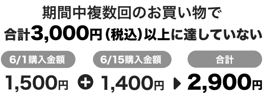 期間中複数回のお買い物で合計3,000円(税込)以上に達していない 6/1購入金額1,500円+6/15購入金額1,400円 合計2,900円