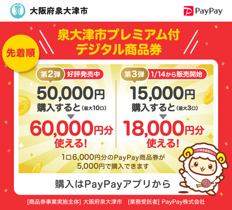 大阪府泉大津市 先着順 泉大津市プレミアム付デジタル商品券 第2弾好評発売中 50,000円購入すると（最大10口）60,000円分使える！ 第3弾1/14から販売開始 15,000円購入すると（最大3口）18,000円分使える！ 1口6,000円分のPayPay商品券が5,000円で購入できます。 購入はPayPayアプリから ［商品券事業実施主体］大阪府泉大津市［業務受託者］PayPay株式会社