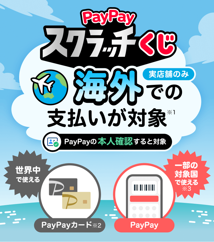 PayPayスクラッチくじ海外での支払いが対象※1実店舗のみ世界中で使えるPayPayカード※2一部の対象国で使える※3PayPay