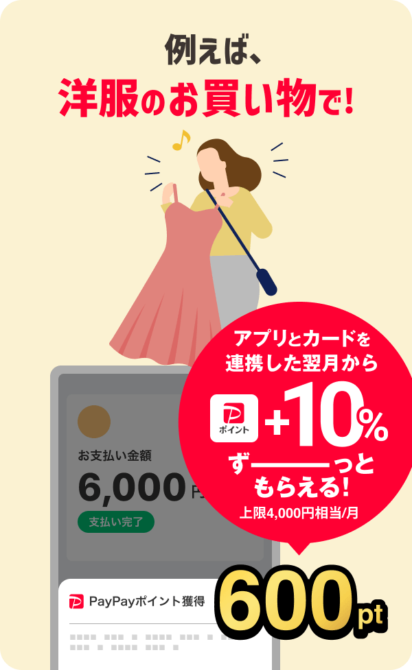 例えば、洋服のお買い物で！アプリとカードを連携した翌月から＋10％ずーっともらえる！上限4,000円相当／月600pt