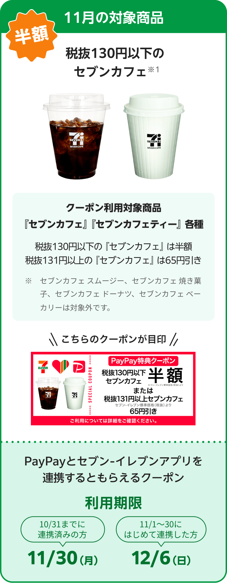 11月の対象商品。税抜130円以下のセブンカフェが半額。クーポン利用対象はセブンカフェ・セブンカフェティー各種。税抜130円以下は半額、税抜131円以上は65円引き。セブンカフェスムージー、焼き菓子、ドーナツ、ベーカリーは対象外