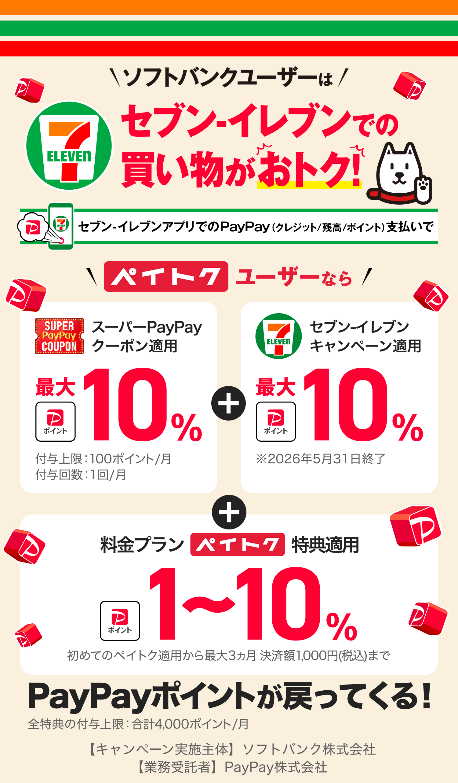 ソフトバンクユーザーはセブン-イレブンでのお買い物が毎月おトク！！ セブン-イレブンアプリのPayPay（クレジット／残高／ポイント）支払いで ペイトクユーザーならクーポン適用最大10％＋キャンペーン適用最大10％ ※2026年5月31日終了 ＋料金プランペイトク特典適用1〜10％戻ってくる！ 主催：ソフトバンク
