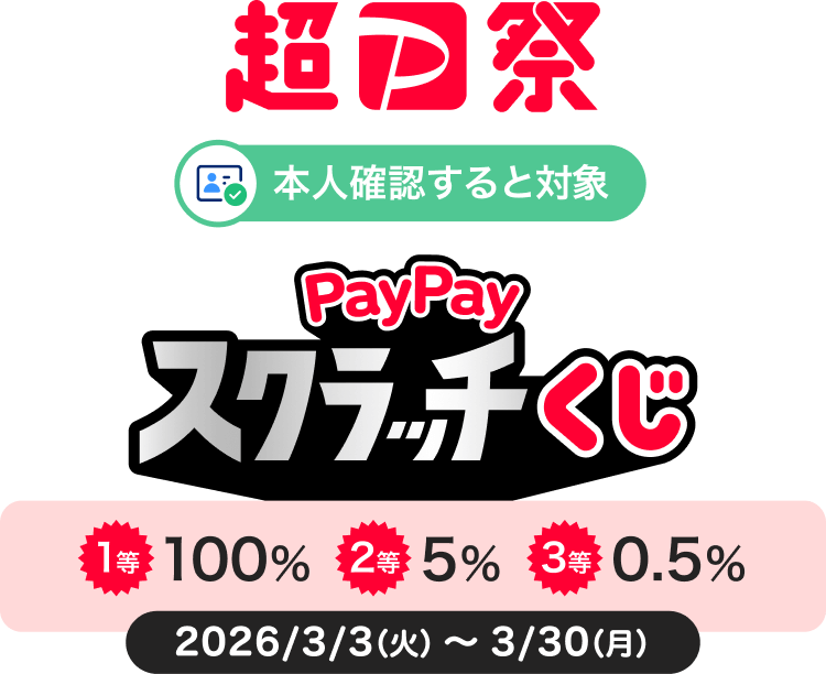 超PayPay祭 本人確認すると対象 PayPayスクラッチくじ1等100% 2等5% 3等0.5% 2026/3/3(火)〜3/30(月)