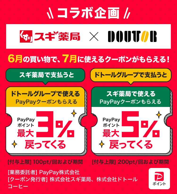 スギ薬局×DOUTORコラボ企画 6月の買い物で、7月に使えるクーポンがもらえる！ スギ薬局で支払うとドトールグループで使えるPayPayクーポンがもらえる 最大3％戻ってくる［付与上限］100pt／回および期間 ドトールグループで支払うとスギ薬局で使えるPayPayクーポンもらえる 最大5％戻ってくる［付与上限］200pt／回および期間［業務委託者］PayPay株式会社［クーポン発行者］株式会社スギ薬局、株式会社ドトールコーヒー