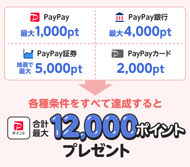 PayPay最大1,000pt PayPay銀行最大4,000pt PayPay証券最大5,000pt PayPayカード2,000pt 各種条件をすべて達成すると 合計最大12,000ポイント プレゼント