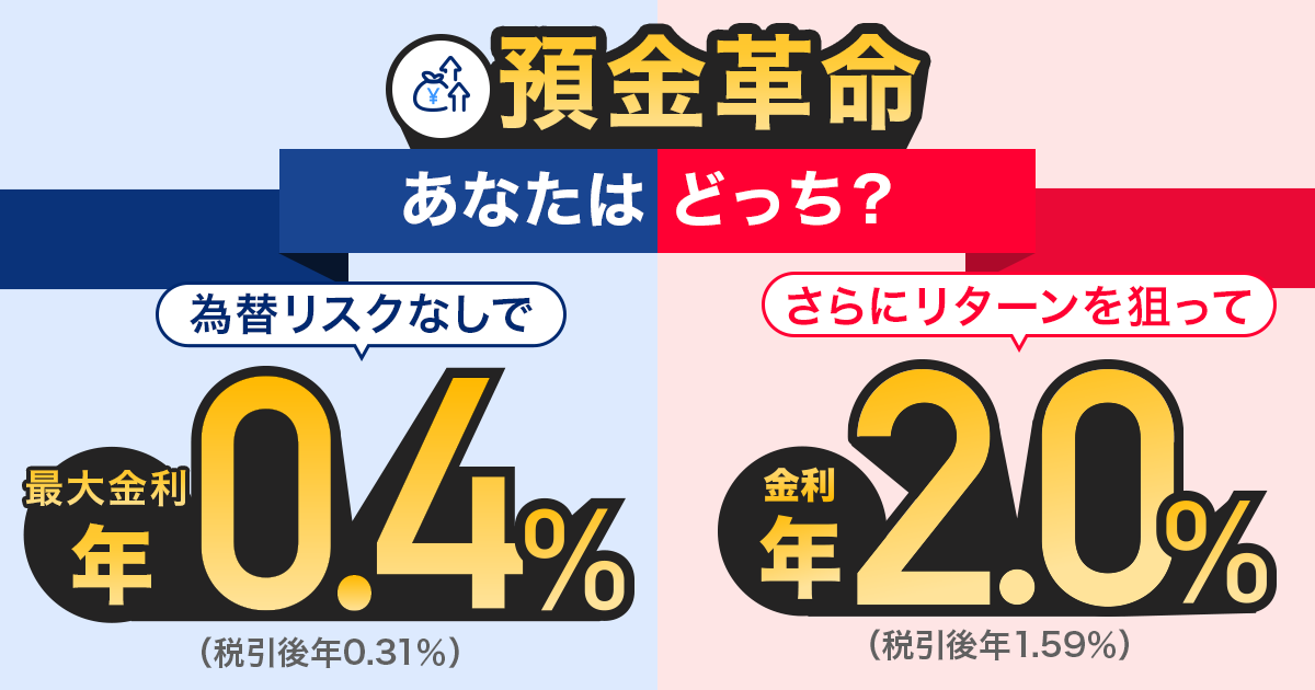 預金革命あなたはどっち？為替リスクなしで最大年利0.4％（税引後年0.31％）｜さらにリターンを狙って金利年2.0％（税引後年1.59％）