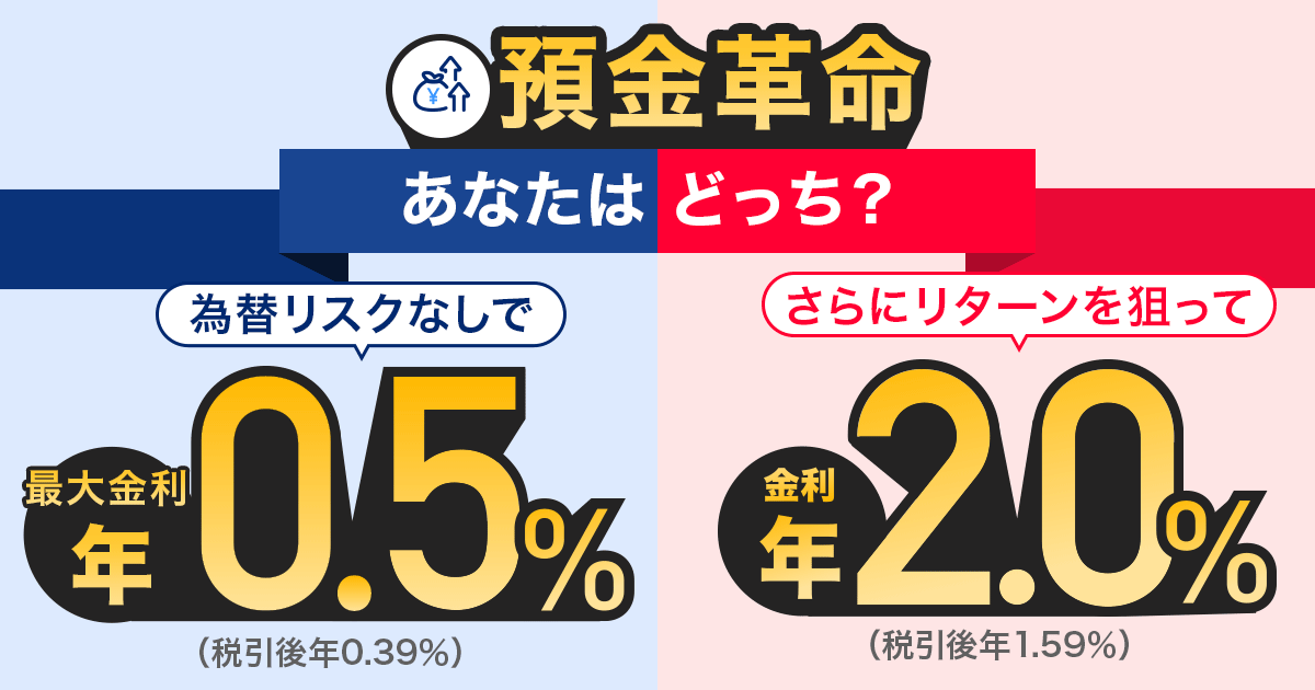 預金革命あなたはどっち？為替リスクなしで最大年利0.5％（税引後年0.39％）｜さらにリターンを狙って金利年2.0％（税引後年1.59％）