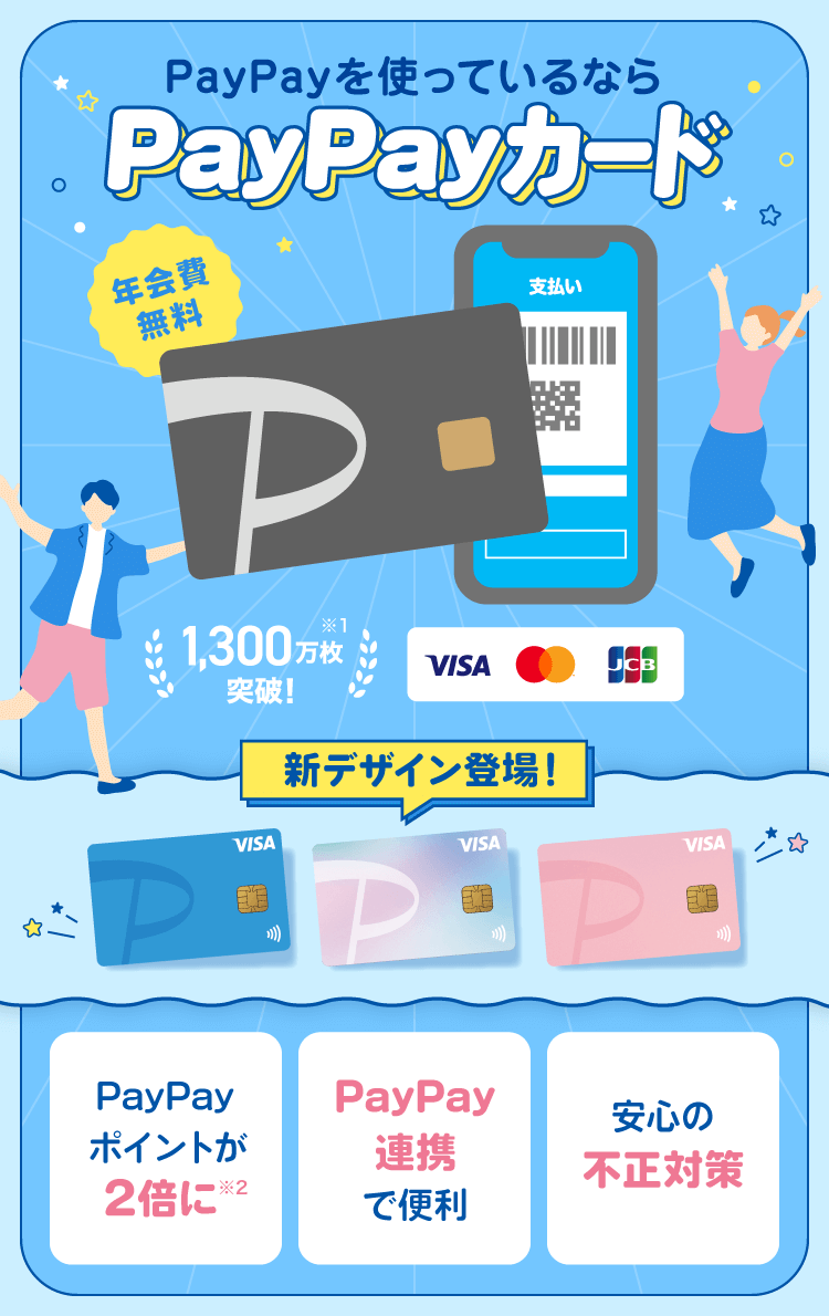 PayPayを使っているならPayPayカード 年会費無料 1,300万枚突破!※1 新デザイン登場! PayPayポイントが2倍に※2 PayPay連携で便利 安心の不正対策
