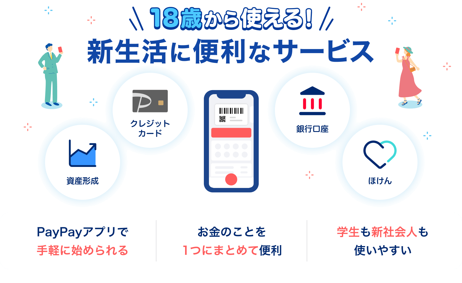 18歳から使える!新生活に便利なサービス クレジットカード 資産形成 銀行口座 ほけん PayPayアプリで手軽に始められる お金のことを1つにまとめて便利 学生も社会人も使いやすい
