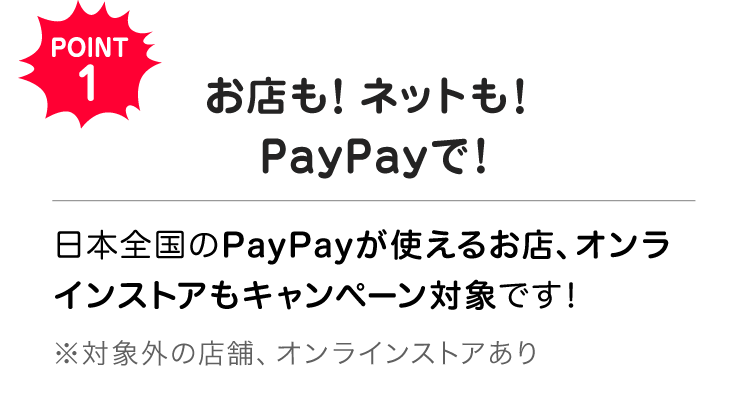 POINT1 お店も！ネットも！PayPayで！ 日本全国のPayPayが使えるお店、オンラインストアもキャンペーン対象です！|※ 対象外の店舗、オンラインストアあり