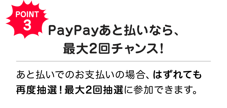 POINT3 PayPayあと払いなら、最大2回チャンス！ あと払いでのお支払いの場合、はずれても再度抽選！最大2回抽選に参加できます。