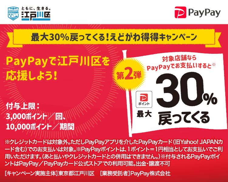最大30％戻ってくる！えどがわ得得キャンペーン PayPayで江戸川区を応援しよう！第2弾 対象店舗ならPayPayでお支払いすると最大30％戻ってくる