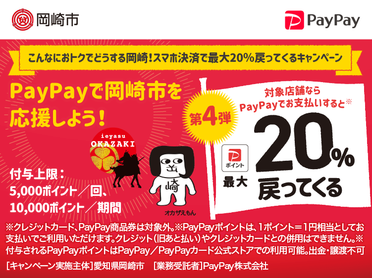こんなにおトクで どうする岡崎！スマホ決済で最大20％戻ってくるキャンペーン PayPayで岡崎市を応援しよう！第4弾 対象店舗ならPayPayでお支払いすると最大20％戻ってくる