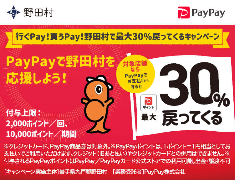 行ぐPay！買うPay！野田村で最大30％戻ってくるキャンペーン PayPayで野田村を応援しよう！ 対象店舗ならPayPayでお支払いすると最大30％戻ってくる