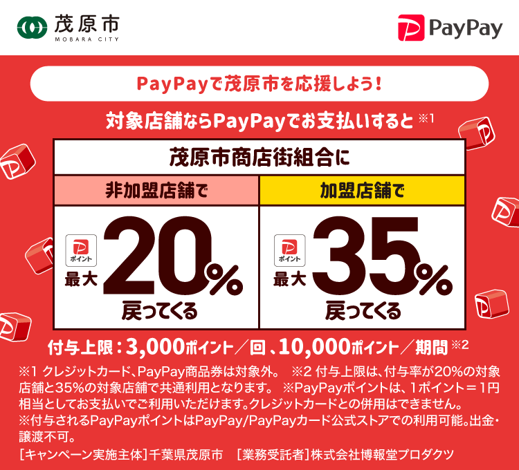 PayPayで茂原市を応援しよう！ 対象店舗ならPayPayでお支払いすると茂原市商店街組合に非加盟店舗で最大20％ or 加盟店舗で最大35％戻ってくる