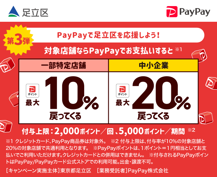 PayPayで足立区を応援しよう！第3弾 対象店舗ならPayPayでお支払いすると最大20%戻ってくる