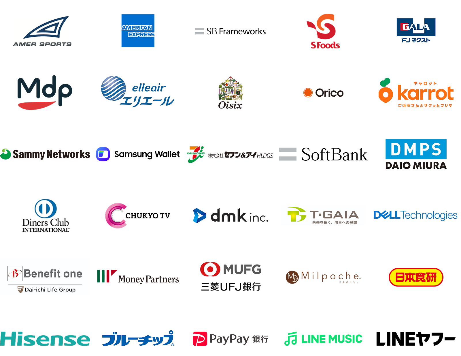 AMER SPORTS AMERICAN EXPRESS SFoods elleair Oisix Orico Sammy Networks  T・GAIA セブン&アイHLDGS Benefit one Money Partners 三菱UFJ銀行 Samsung Wallet Diners Club INERNATIONAL SoftBank DELL Technologies 日本食研 Hisense PayPay銀行 LINE MUSIC